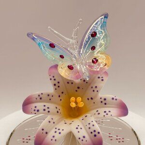 Butterfly on Lavender Lily Glass Figurine Mirror Base